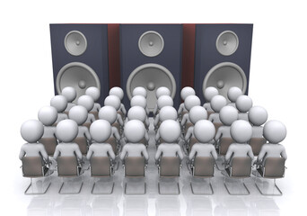 Sitzende 3D Figuren vor drei Lautsprecherboxen