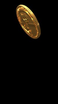 Bitcoin isolated digital cryptocurrency gold coin soars and falls on a transparent background, 4444 prores footage with alpha channel, vertical video, slow motion 3d