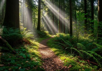 Fototapeta premium Magical Forest Path with Sunbeams Streaming Through the Trees