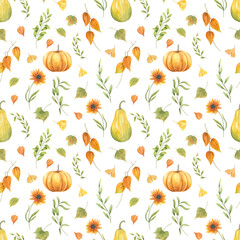 Seamless autumn pattern with watercolor pumpkins, flowers, physalis, green herbs and branches on isolated background. Botanical illustration for textile, wallpaper, festive thanksgiving design.