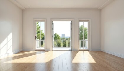 Fototapeta premium Interior view of a spacious light filled room with balcony doors. Sunlight falls through the doors onto the wooden floor. An empty modern space for interior design.