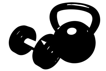 Black and white vector illustration of isolated gym equipment for strength training, featuring a dumbbell and weightlifting weights