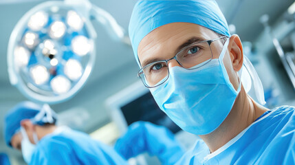 male surgeon performing operation in modern operating room with surgical team and medical equipment