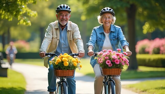 Smiling senior couple bikes through park with flower baskets on handlebars. Happy elderly pair enjoys outdoor activity, radiating joy and companionship on sunny day. - Powered by Adobe