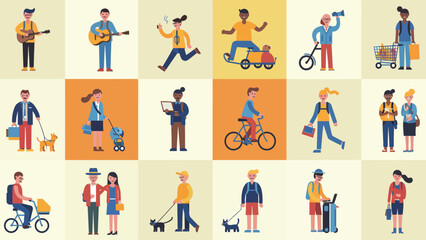 Fototapeta premium A Lively Mosaic Of Daily Life: Diverse People In Flat Vector Illustration
