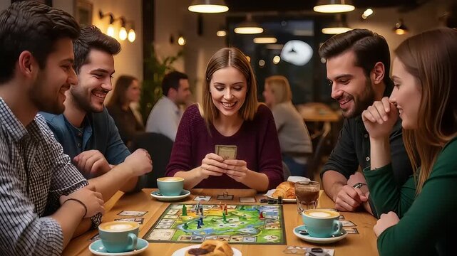 Friends Enjoying a Lively Board Game Session at a Cozy Cafe.