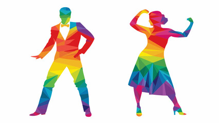 Vibrant rainbow dancers ready to party, dynamic polygonal style brings energy to your designs, perfect for events, celebrations, and modern artistic projects
