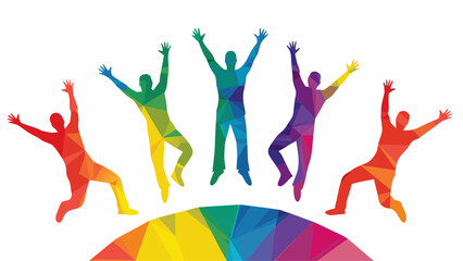 Vibrant polygonal people celebrate together, radiating joy and teamwork, perfect for conveying unity, diversity, and positive energy in your next project