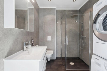 Modern bathroom interior in minimal scandinavian style, 3d render