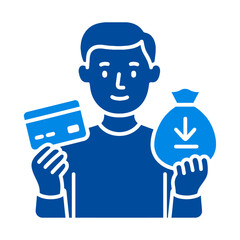 Digital Transaction: A stylized illustration depicts a person holding a credit card in one hand and a money bag with a download icon in the other, symbolizing a digital financial transaction.