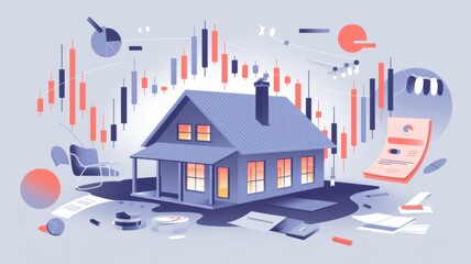 Illustration of a house surrounded by finance-related graphics.