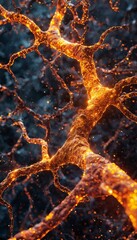 a vibrant, glowing network of neurons depicted in a microscopic, abstract style against a dark, atmospheric background.