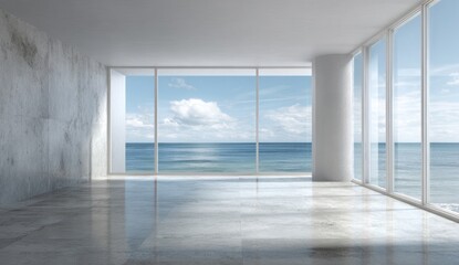 Obraz premium Empty modern room with ocean view through large windows, concrete wall and pillar