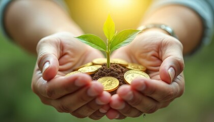 Hands cradle soil with gold coins and a young plant seedling emerging, symbolizing financial growth investment and future success. Sunlight shines on the new life.