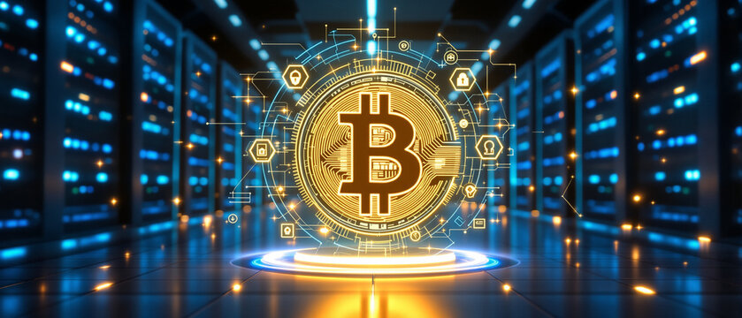 Bitcoin symbol hologram in data server environment representing mining and cryptocurrency technology