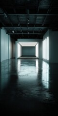 Empty modern studio interior with white walls and dark floor, professional lighting setup, minimal design, high-quality epic shot, architectural and interior concept, clean and spacious environment