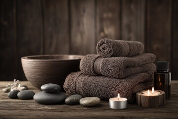 Spa still life on wood towels, bowl, candles, stones, and oil bottle create a tranquil scene