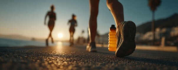 People jogging along a coastline at sunrise with focus on footwear