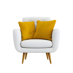 Modern White Chair with Yellow Cushions Isolated on White Background