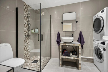 Modern bathroom interior in minimal scandinavian style, 3d render