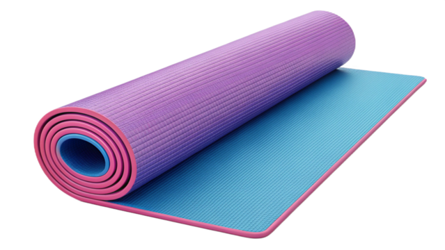 A partially rolled purple and blue yoga mat with pink trim against a black studio background space created with generated ai
