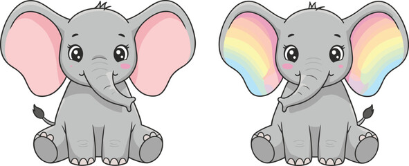 Fototapeta premium Baby elephant cartoon illustration, rainbow ear 