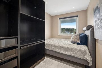 Modern luxury bedroom interior in minimal scandinavian style, 3d render