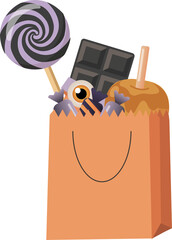 Halloween Trick or Treat Candy Bag Vector with Lollipop, Chocolate Bar, Caramel Apple, Wrapped Candy and Eyeball Sweet