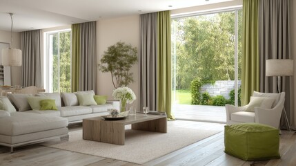 Fototapeta premium modern living room with green curtains, large garden facing windows, soft beige palette, modern furnishings