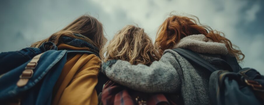 Three friends embracing each other outdoors under a cloudy sky - Powered by Adobe
