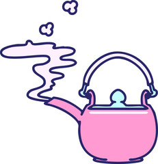 a traditional japanese tea pot with steam in bright neon color