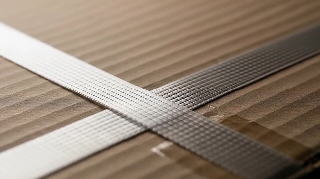 Close up of corrugated cardboard box secured with silver strapping, package protection, shipping and distribution security, cargo safety
