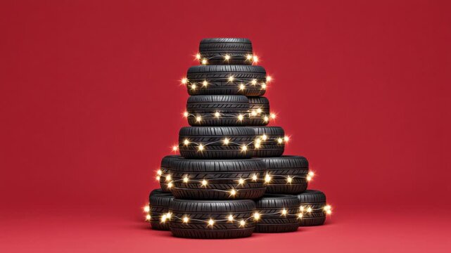 Creative Christmas tree made of stacked car tires decorated with glowing lights on red festive background