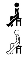 Black and white pictogram of a person on a chair starting a one-leg stretch. Shown in solid and line art. Ideal for fitness, posture correction, workplace health, and physical therapy.