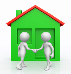 Hauskauf, H&auml;ndesch&uuml;tteln mit 3D Figuren vor einem gr&uuml;nen Haus