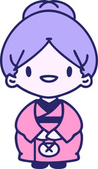 happy japanese woman in traditoinal outfit in bright neon color