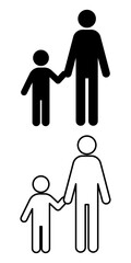 Parent and child holding hands pictogram, front view, 6-head proportion. Black and white icons in line and solid styles. Perfect for family, parenting, education, childcare, and signage. 親子のアイコン素材です。
