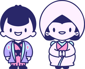 Happy Japanese couple getting married in bright neon color