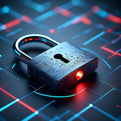 A modern padlock with circuit patterns rests on a digital grid background