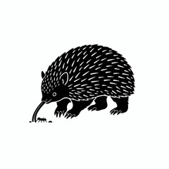 Echidna silhouette with ants: A stylized monochrome artwork depicts an echidna, its long tongue extended, engaged in the act of feeding on ants, against a contrasting backdrop.