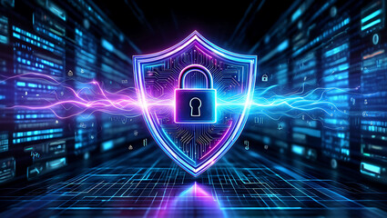 A glowing shield with a padlock protects a digital data stream background