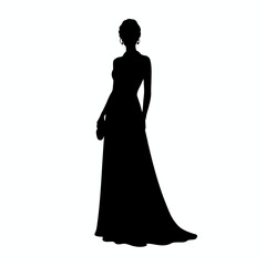 Elegant Silhouette in Evening Gown: A refined figure stands poised, adorned in a flowing gown, with an air of sophistication. The stark contrast emphasizes the graceful lines and timeless allure.