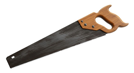 A traditional hand saw with a wooden handle isolated on white.