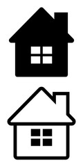 Black and white house icon with triangular roof, chimney, and window. Suitable for logistics and delivery address illustrations, as well as real estate and home design concepts.