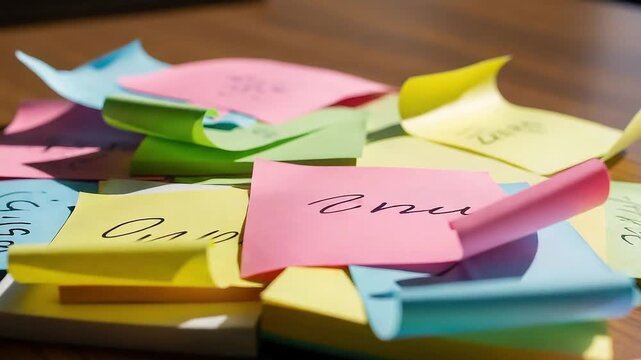 Close-up of colorful sticky notes with handwritten text scattered on a wooden surface, office supplies, creativity, reminders, brainstorming, information organization