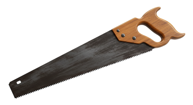 A traditional hand saw with a wooden handle isolated on white.