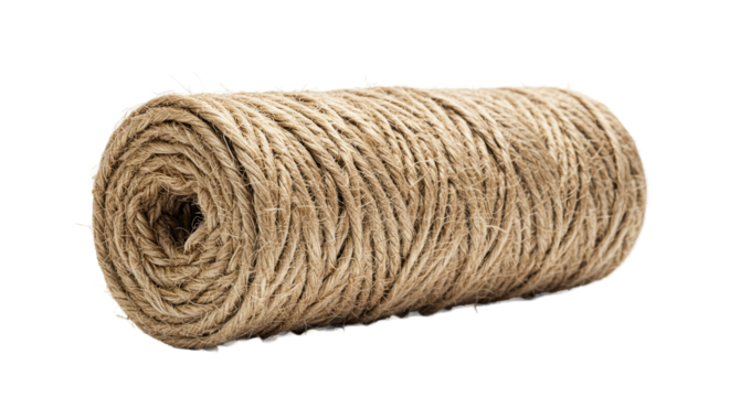 A tightly wound roll of natural jute twine on a white background.