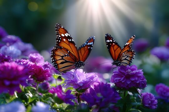 Monarch butterflies rest on vibrant purple flowers in a sunlit garden during summer