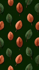 A pattern of scattered leaves in orange and green against a dark green background