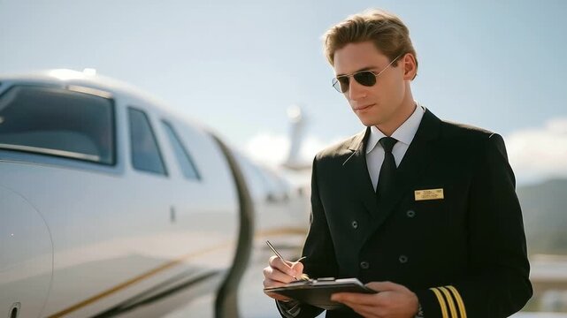 A pilot performing a walk-around inspection, closely examining control surfaces, fuel caps, and pitot tubes, symbolizing thoroughness, professional responsibility, and safety-first aviation
